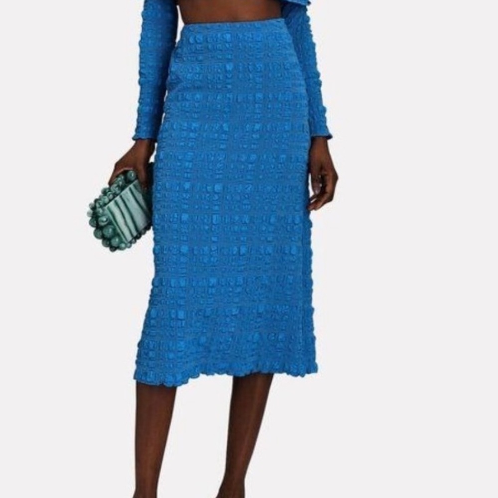 Cult Gaia Blue Popcorn High Waist Midi Pencil Skirt.